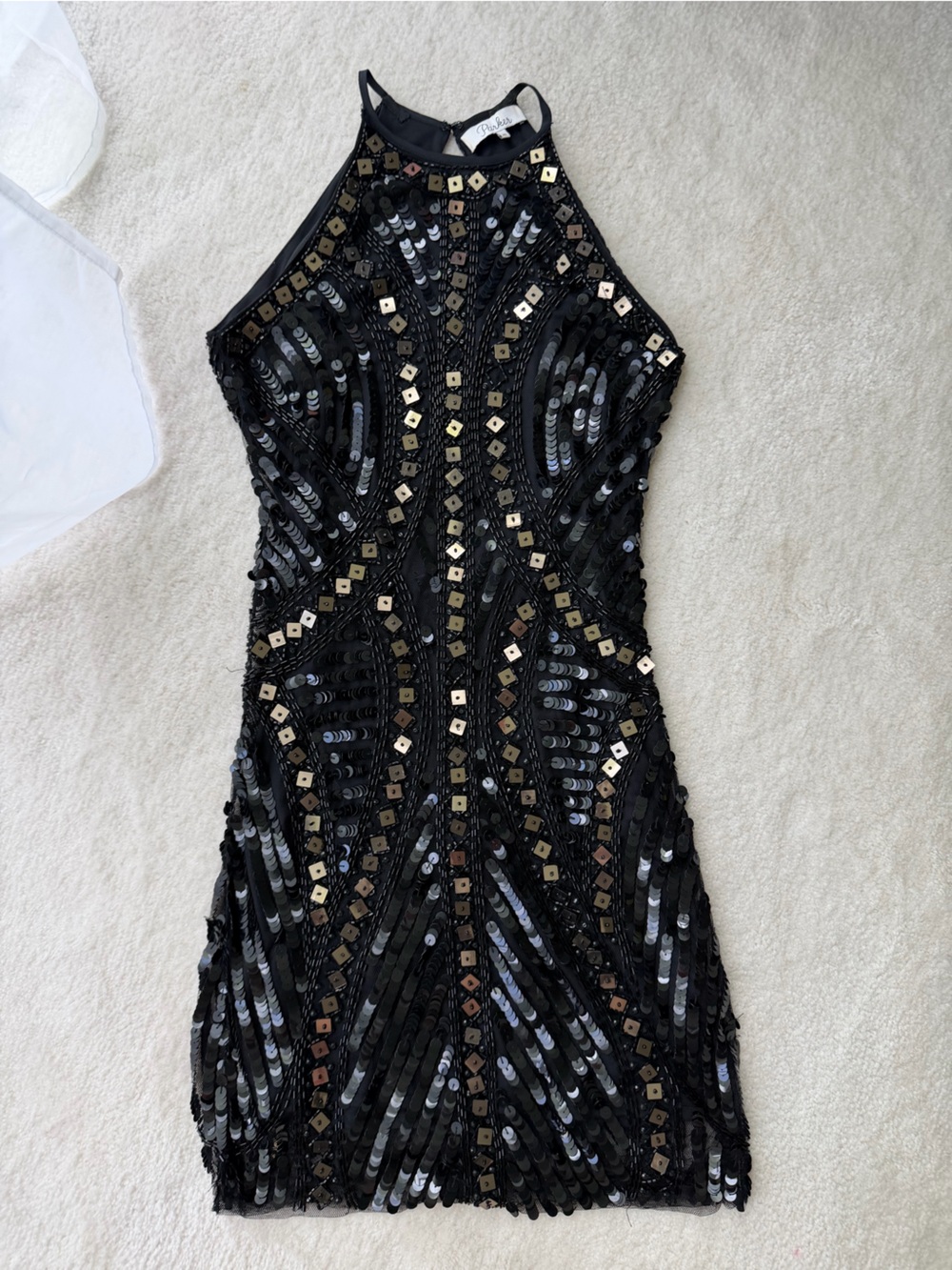 Parker Black Gold Sequin Halter Open Back Cocktail Dress